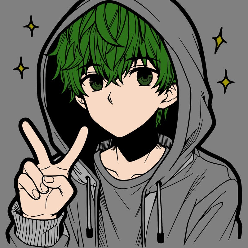 teenage manga boy in a hoodie, doing ✌