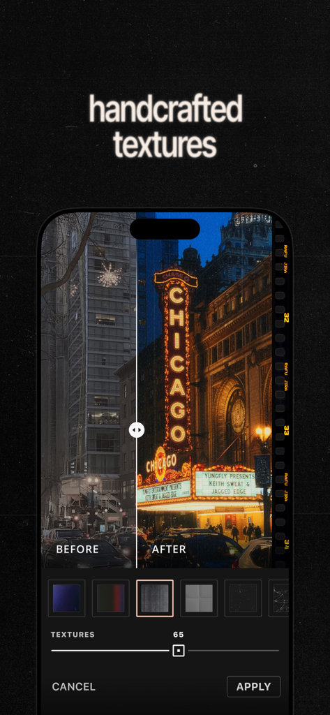 Before and after comparison showing handcrafted film textures applied to a city photo in the Esti app