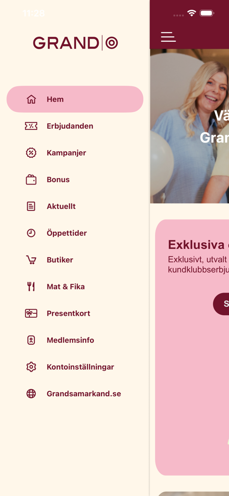 Grand Plus - Menú lateral de la aplicación de fidelización Grand Plus con elementos de navegación para ofertas de compras y recompensas