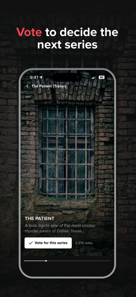TrueShort - Stream True Crime - Interaktive Abstimmungsbildschirm in der TrueShort-App, der es den Benutzern ermöglicht, die nächste zu produzierende True-Crime-Serie auszuwählen.
