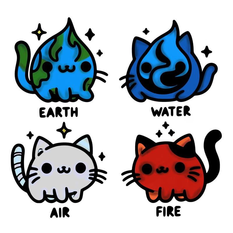 4 cats that represent the different elements, earth, water, air, and fire