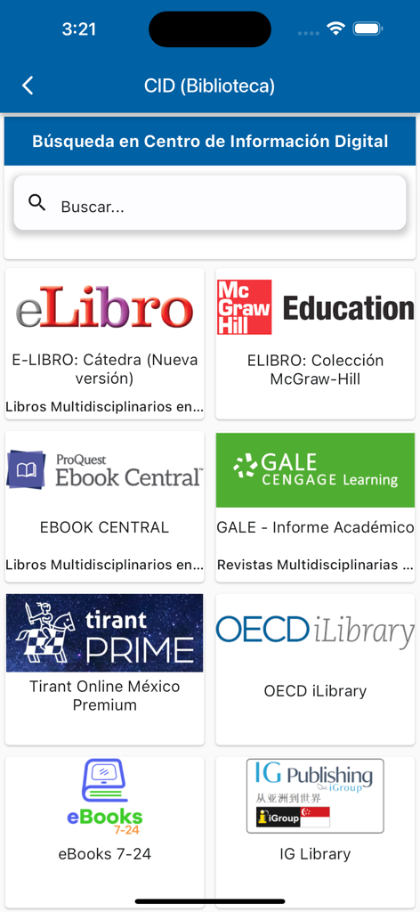 Campus Virtual UVEG - Digital library search screen within the Campus Virtual UVEG app showing various ebook and academic resource providers