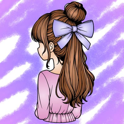 realistic girl  with hip length hair a bun and a big bow on the back of head