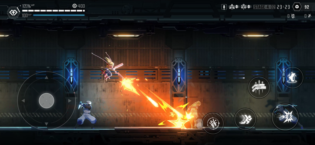 Combate de desplazamiento lateral lleno de acción en BlazBlue Entropy Effect con un personaje de anime realizando un ataque aéreo de fuego.