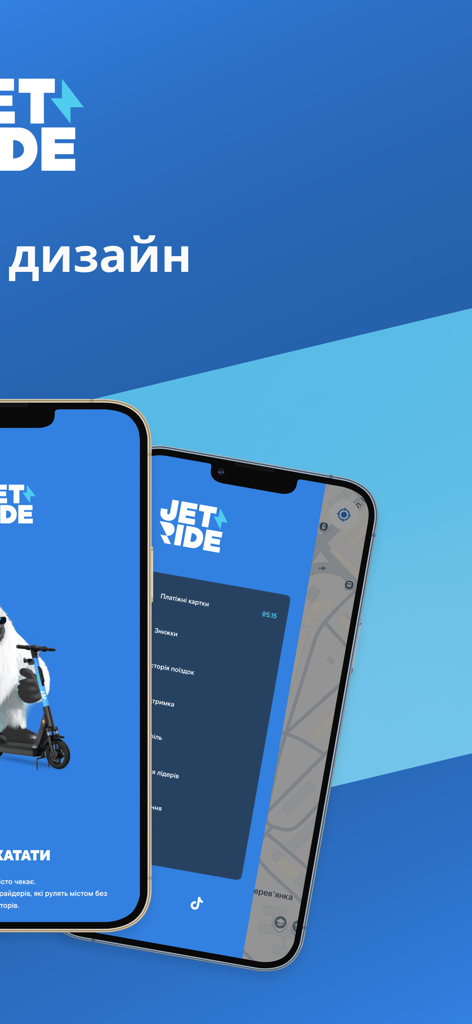 JET Ride - Interfaz de la aplicación móvil JET Ride mostrando un patinete eléctrico y el menú de usuario en dos iPhones