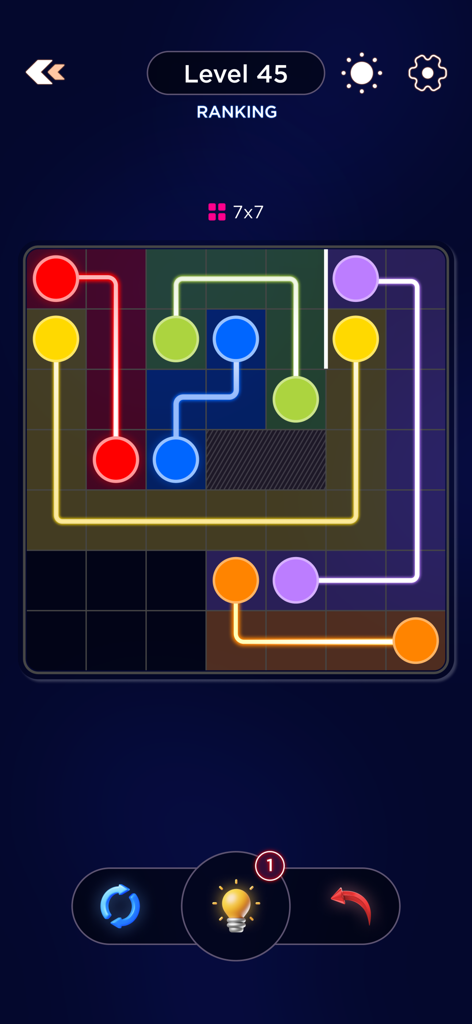 Connect Dots : Link Puzzle - Connect Dots Link Puzzleの論理パズルゲームプレイ。ダークモードの7x7グリッド上でドットがカラフルな線で繋がれている様子