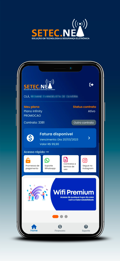 SETEC.NET - Painel do aplicativo SETEC.NET mostrando detalhes do plano de internet, informações de faturamento e links de suporte
