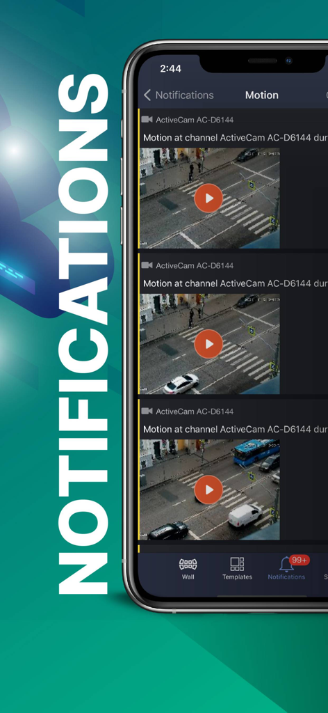 Video Surveillance TRASSIR - TRASSIR app interface displaying a list of motion detection notifications with video thumbnails from security cameras
