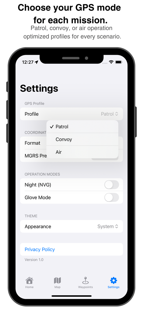 Settings screen of MGRS GPS Mapper showing mission profiles and tactical operation modes like Night Vision and Glove Mode