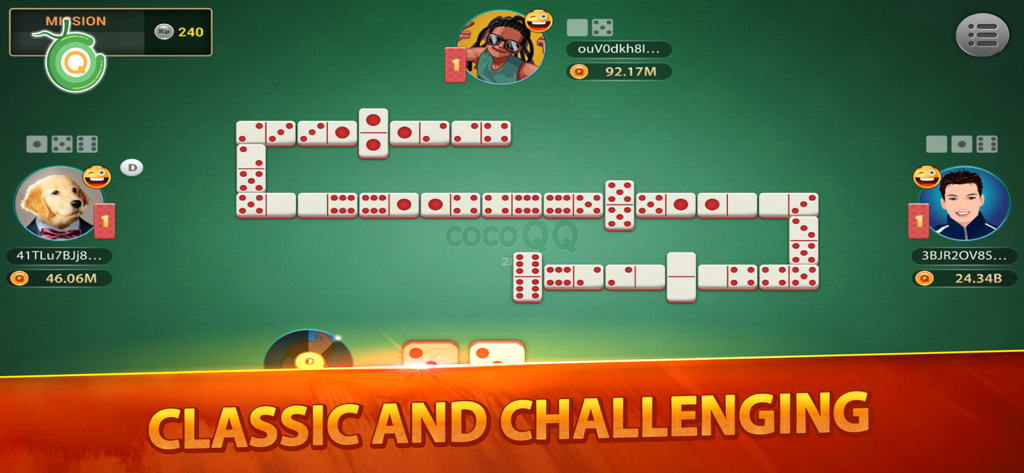 Multiplayer gameplay of a domino match in the Coco Capsa Domino QQ poker app with player avatars and classic domino tiles