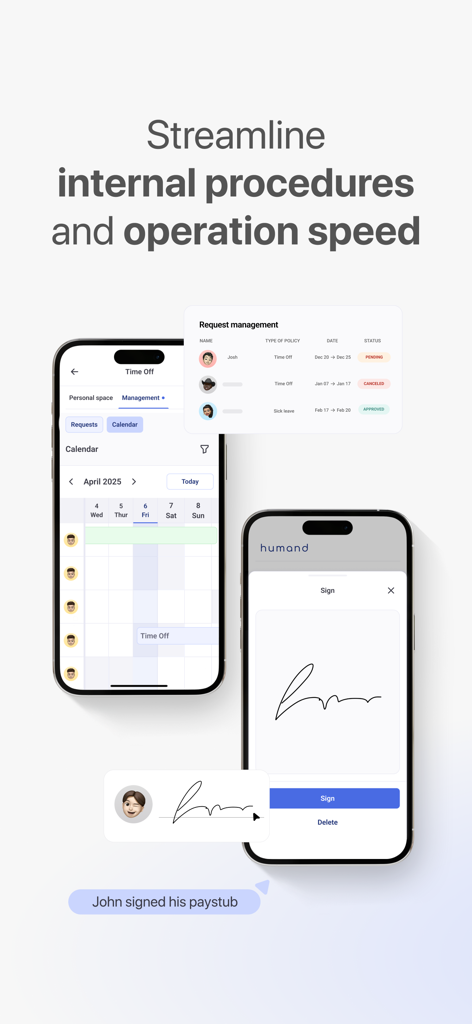 Humand - Humand app screens for managing employee requests and digital signatures