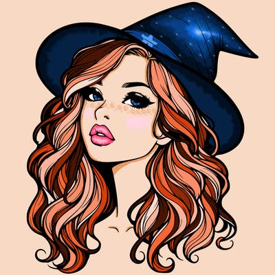 realistic witch girl with wavy hair and lips