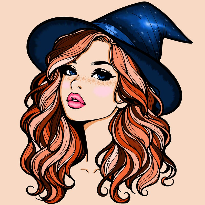 realistic witch girl with wavy hair and lips