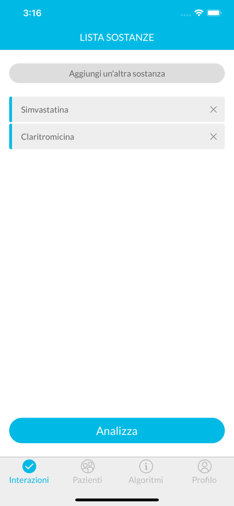 INTERCheck - Screen showing a list of drugs to analyze for interactions in the INTERCheck medical app