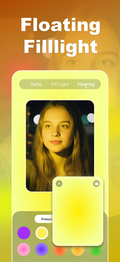 スマートフォンの画面。GlowCamアプリの浮遊フィルライト機能。自撮りには黄色の照明プリセットが表示されている。