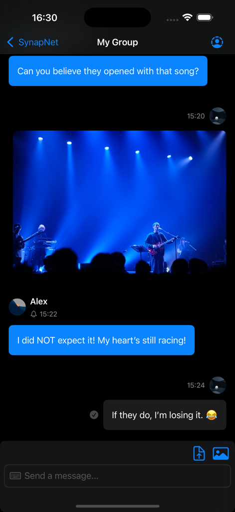 SynapNet - Offline Messenger - SynapNet app group chat screen showing a concert photo and messages shared offline