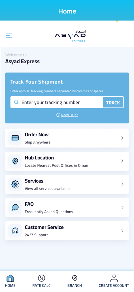 ASYAD Express - Asyad Express mobile app home screen featuring shipment tracking and logistics services
