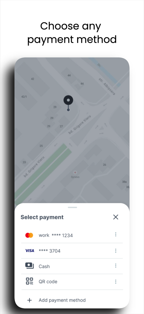 Letz | Request a ride - Letz app interface showing a list of payment options including credit cards, cash, and QR codes over a map background