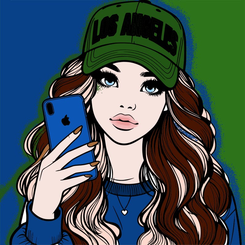 realistic beautiful girl wearing los ángeles cap holding an iphone