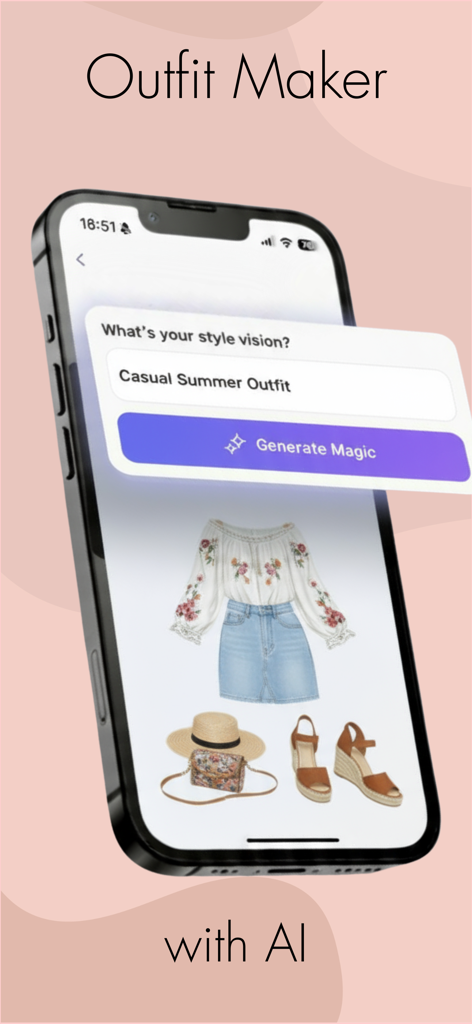 Stylegenai - Outfit Planner - Stylegenai app interface showing the AI Outfit Maker generating a casual summer outfit with a floral top and denim skirt.
