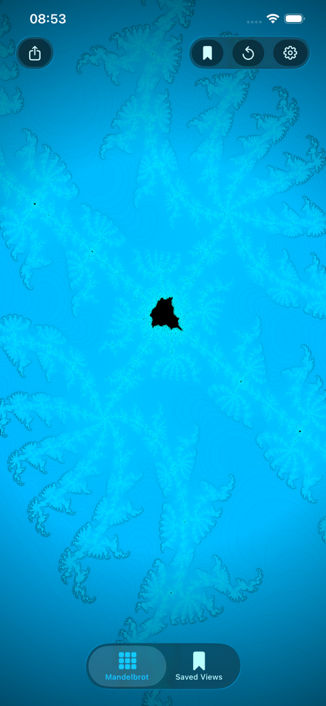 Mandel-Zoom - Interface of Mandel-Zoom app showing a detailed blue fractal pattern with navigation controls.