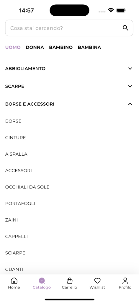 Griffe Shop - Catalog screen of Griffe Shop app with men women and children fashion categories