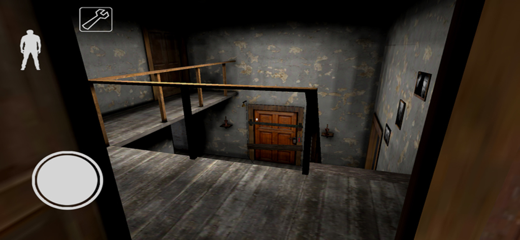 First person view of a dark interior hallway and boarded up door in the Granny horror game