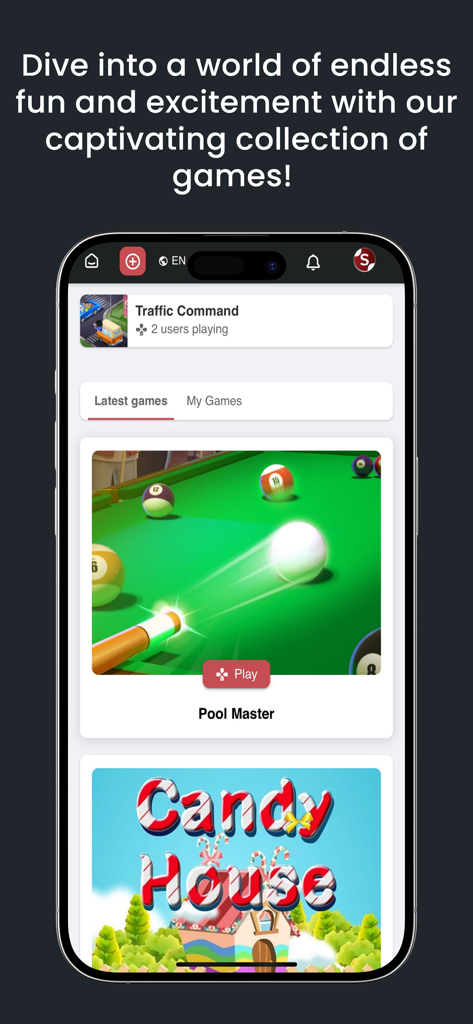 Sara App - Interface do Sara App exibindo uma coleção de jogos para celular incluindo Pool Master e Candy House.