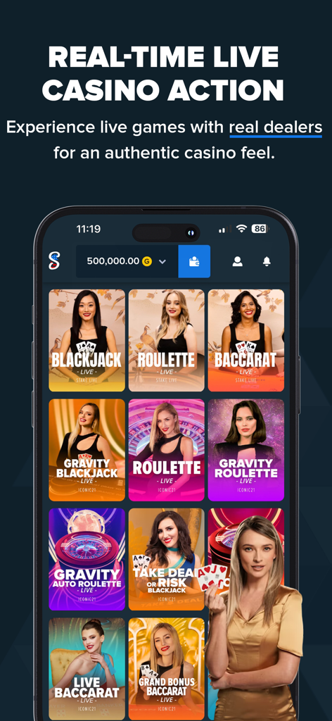 Interface of the Stake US app showing live casino games like blackjack and roulette with real dealers.