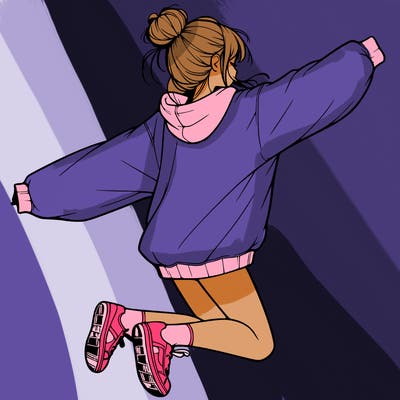 realistic girl jumping with a bun and oversized sweatshirt
