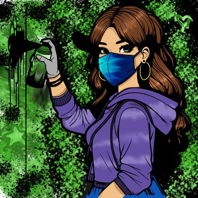 realistic girl with mask spray painting a wall