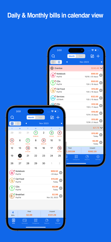 Bills Monitor - Bill Reminder - Monthly bill reminder calendar view on iPhone screens