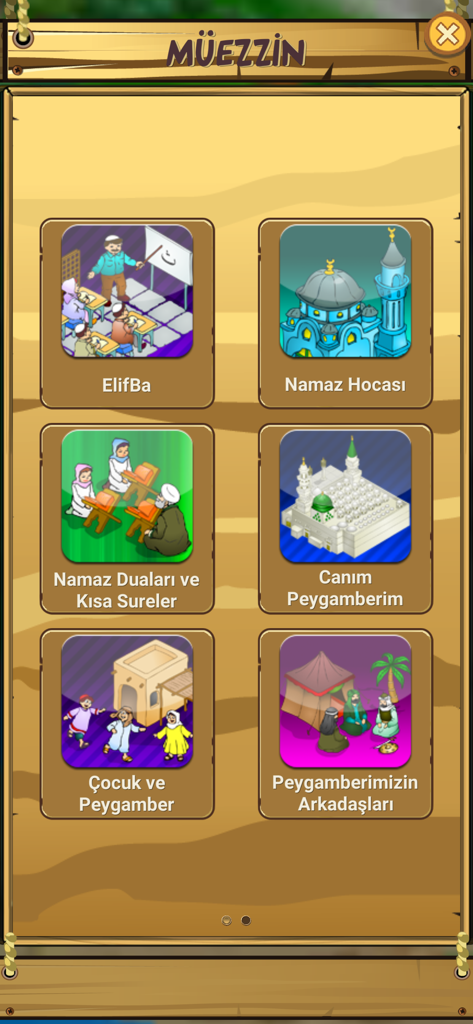 Muezzin Prayer Time Azan - Muezzin app menu interface displaying educational Islamic modules including ElifBa and Prophet stories in Turkish