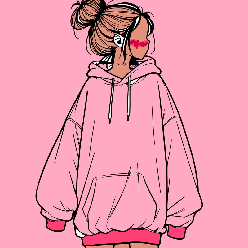 realistic girl with a oversized sweatshirt on and a bun