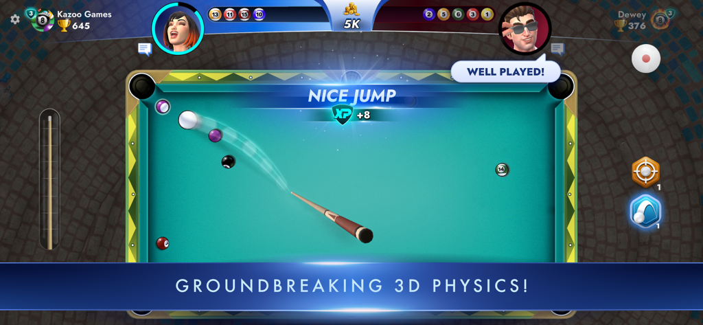 8 Ball Champions - A successful jump shot in the 8 Ball Champions mobile pool game featuring 3D physics and character avatars.