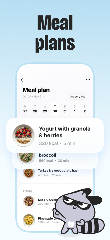BitePal app meal plan screen showing healthy recipes and calorie counts with a cute raccoon mascot.