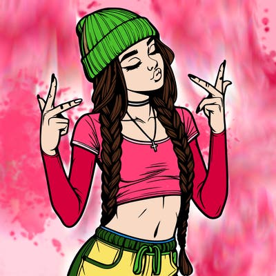 realistic teenage girl with braids and a beanie and crop top doing 🫶🏼