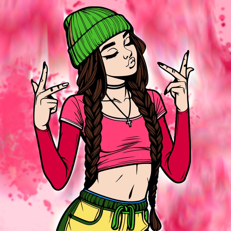 realistic teenage girl with braids and a beanie and crop top doing 🫶🏼