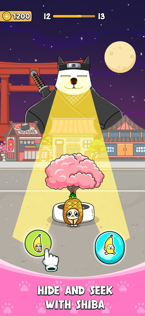 Banana Cat Run: World Travel - Banana Cat hiding behind a pineapple from a ninja Shiba's spotlight in a Japan-themed level