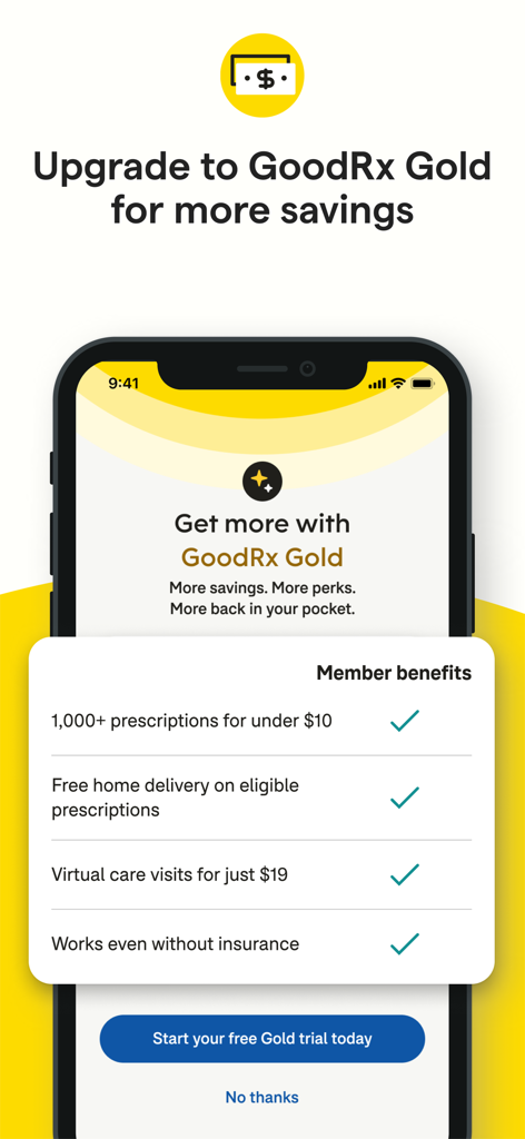 GoodRx: Prescription Coupons - Schermata di upgrade a GoodRx Gold che mostra i vantaggi per i membri come farmaci a basso costo e visite di assistenza virtuale
