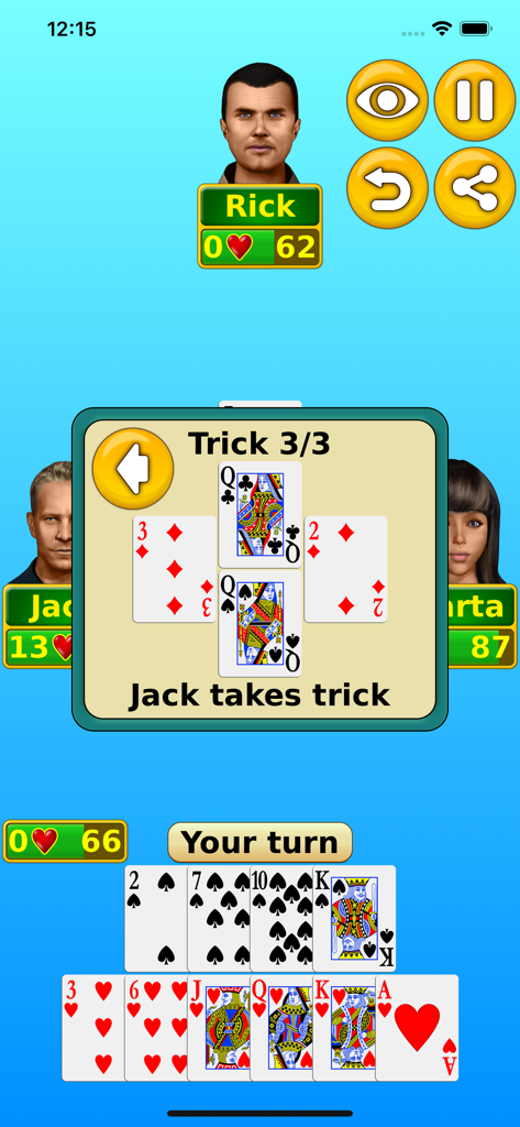 Jogabilidade do jogo de cartas Copas mostrando uma vaza concluída e avatares de jogadores em um fundo azul.