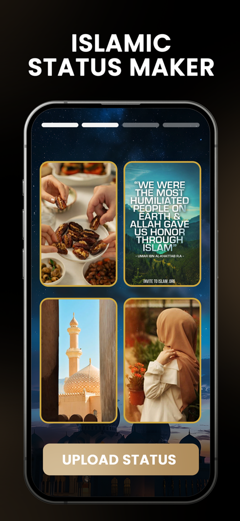 Muslim Video Templates & Maker - Smartphone display showing the Islamic Status Maker app with templates for religious quotes and aesthetic photos