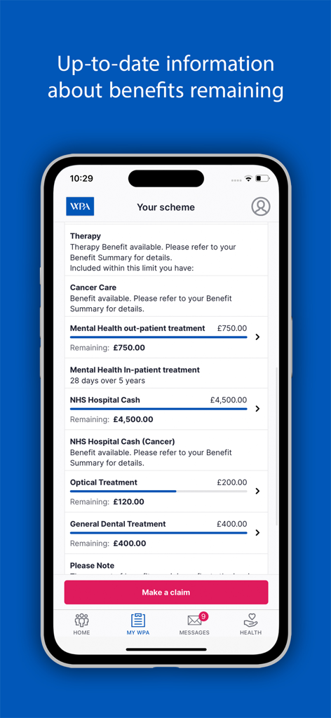 WPA Health - WPA Health mobile app interface showing a list of healthcare benefits with remaining balances for mental health, optical and dental care