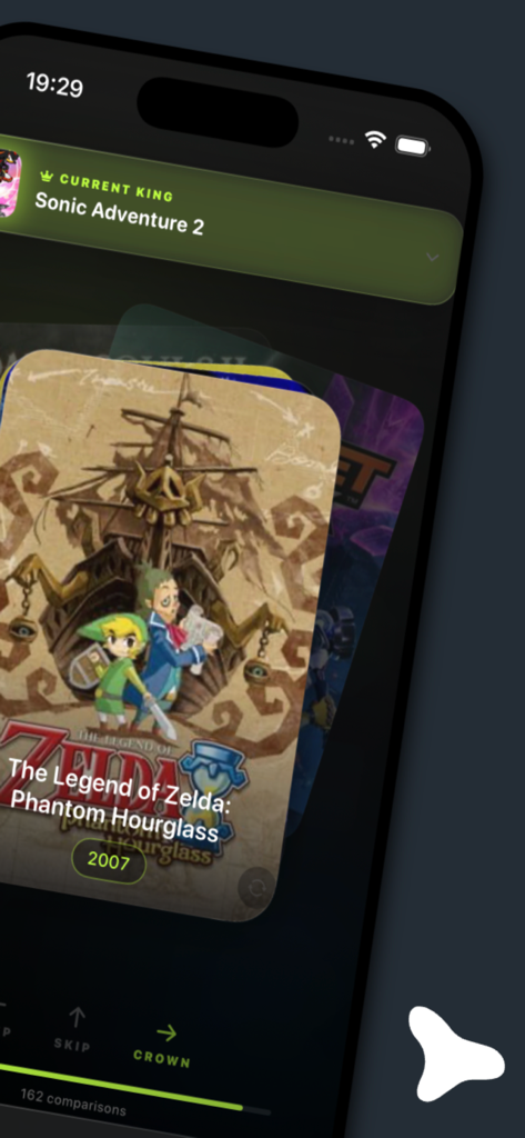 Versus: Game Rankings - Interface do aplicativo de classificação de jogos Versus mostrando uma escolha de frente entre The Legend of Zelda Phantom Hourglass contra o atual rei.