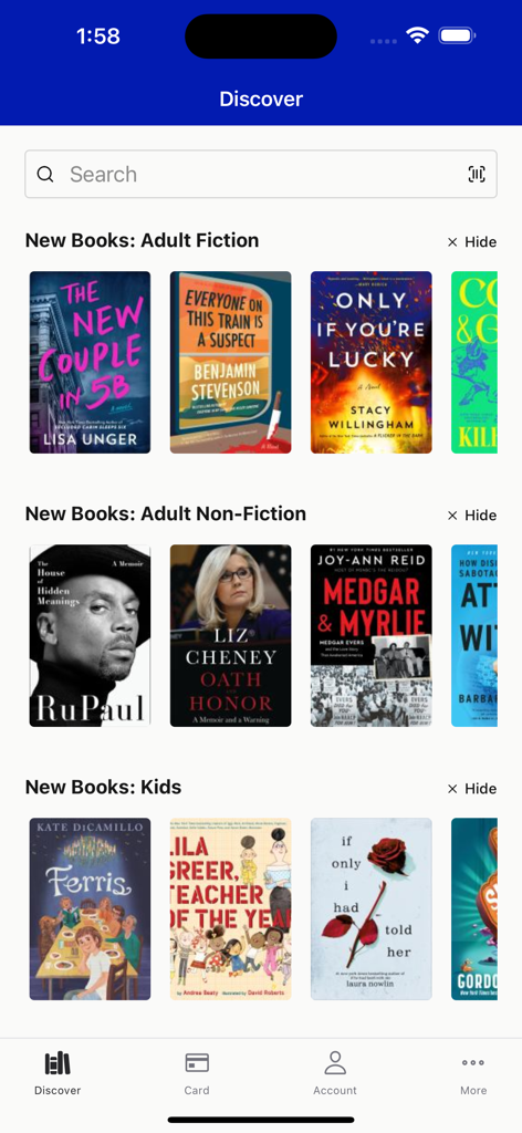 Discover screen of the Ocean State Libraries Mobile app showing new book arrivals for adults and kids