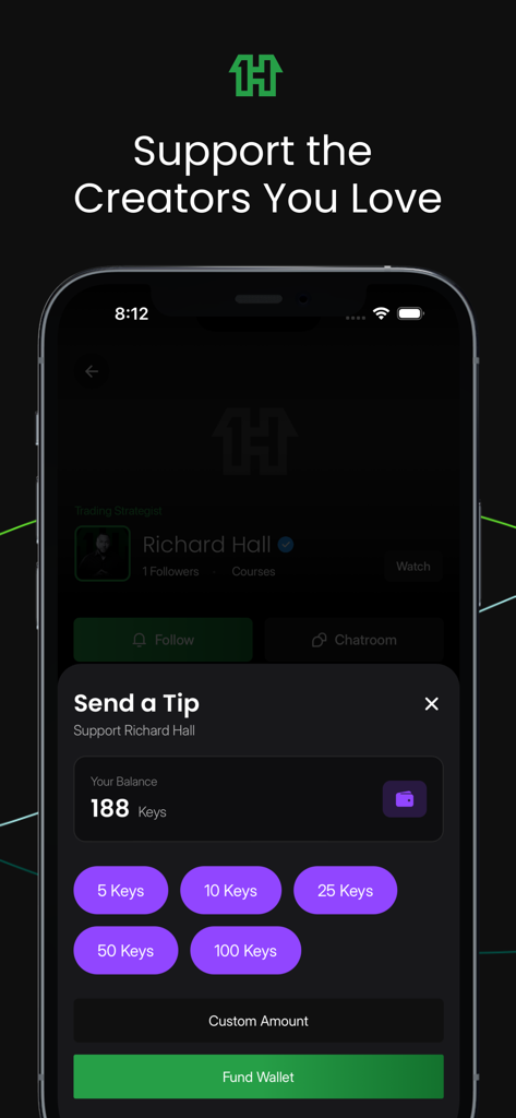 1House - 1House mobile app interface for sending tips and supporting creators using Keys tokens.