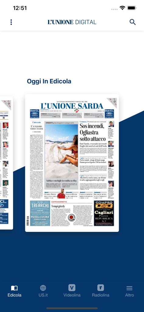 Quiosco digital en la aplicación L'Unione Digital mostrando la portada del periódico L'Unione Sarda
