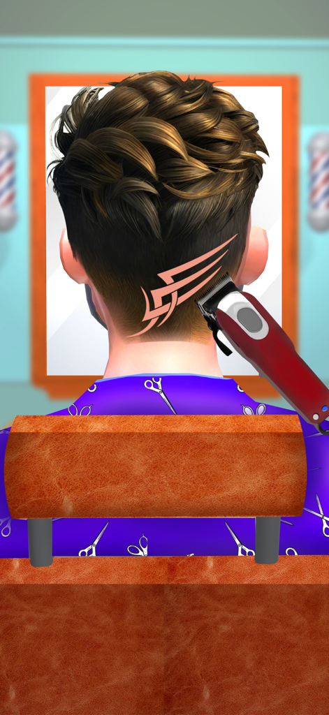 Haircut Barber Salon Game - A barber using an electric clipper to create a hair tattoo design in a hair styling simulation game