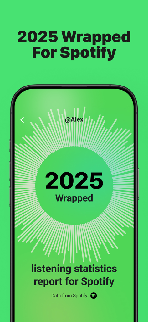 Smartphone screen displaying a 2025 Spotify Wrapped listening statistics report for user Alex