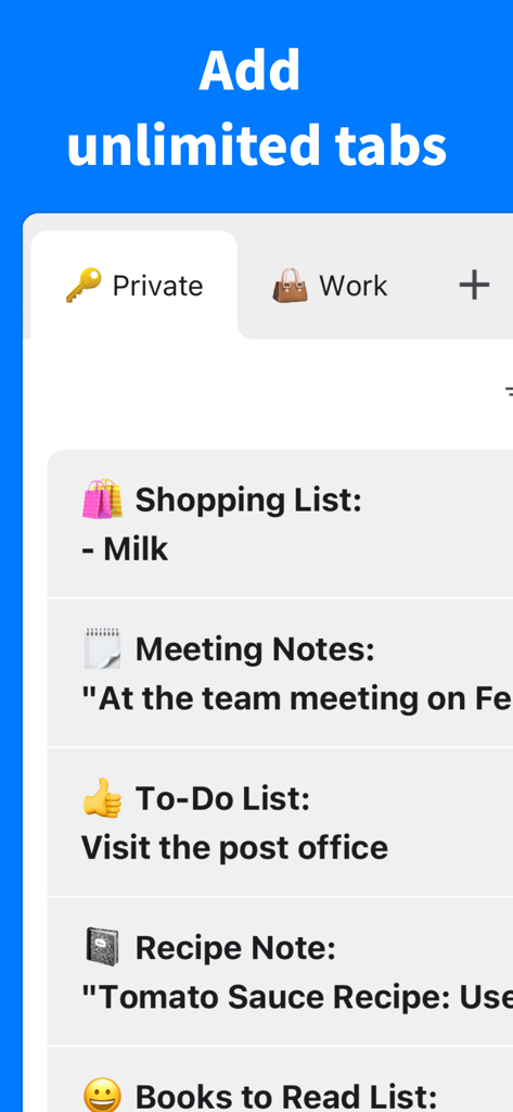 Simple Notes - Take notes - Interface of the Simple Notes app showing a tab-based organization system with private and work categories above a list of notes.